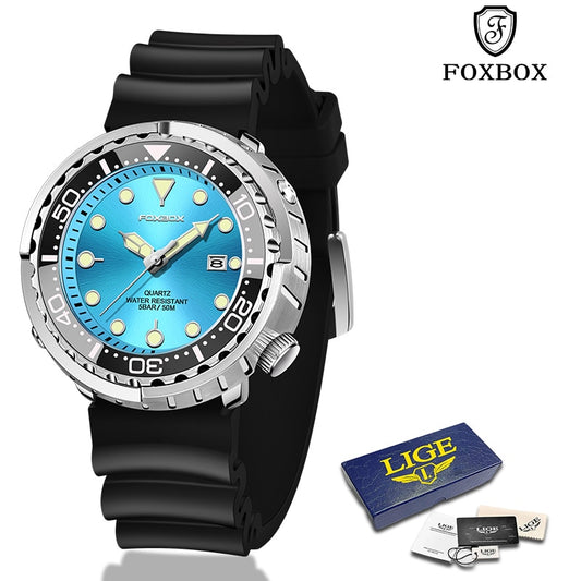 FOXBOX New Gold Fashion Watches Men Sports Silicone Watch Men  50M Waterproof Watches Golden Wristwatches Male Relogio Masculino