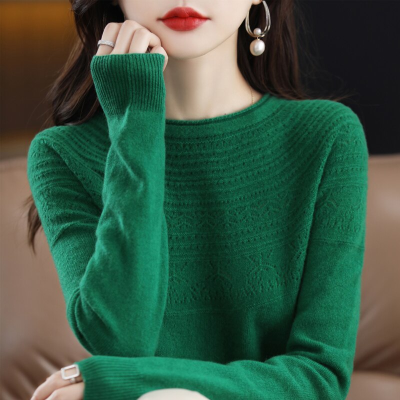 100 Wool Classic Round Neck Cutout Sweater Fashion Cutout Loose Long Sleeve Undercoat New Design Taste Popular Sweater Girl