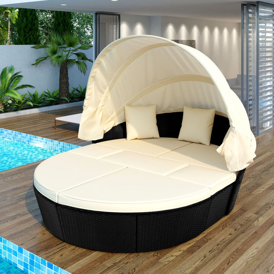 Outdoor garden furniture rattan sofa bed and retractable canopy, round outdoor sofa set, wicker furniture clamshell seat beige.