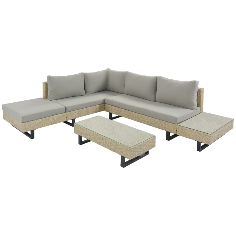 3 PCS Outdoor Rattan Sofa Patio Furniture Set, L-shaped Corner Sofa, Water And UV Protected, Two Glass Table, Adjustable Feet