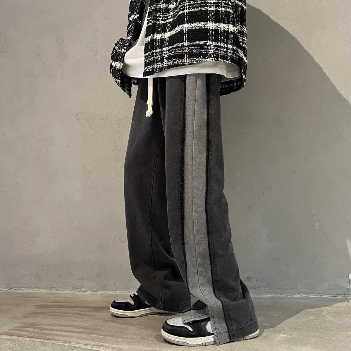 Neutral Chic Patchwork Mopping Trousers Jeans Men Korean Style Street Fashion High Street Loose Casual Drawstring Jean Pants