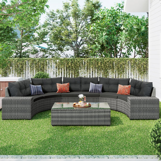8-pieces Outdoor Wicker Round Sofa Set, Half-Moon Sectional Sets All Weather, Curved Sofa Set With Rectangular Coffee Table