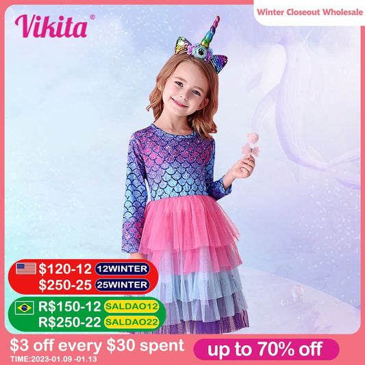 VIKITA Kids Tutu Dress for Girls Long Sleeve Party Prom Vestidos Toddlers Mermaid Unicorn Dresses Kids Princess Autumn Dress