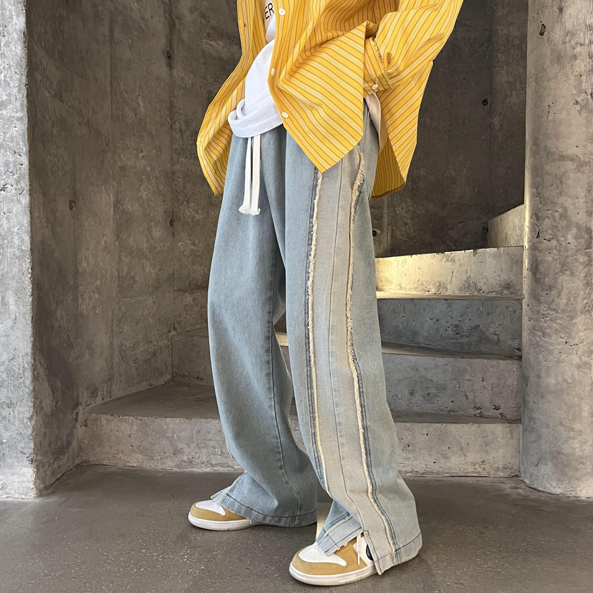 Neutral Chic Patchwork Mopping Trousers Jeans Men Korean Style Street Fashion High Street Loose Casual Drawstring Jean Pants