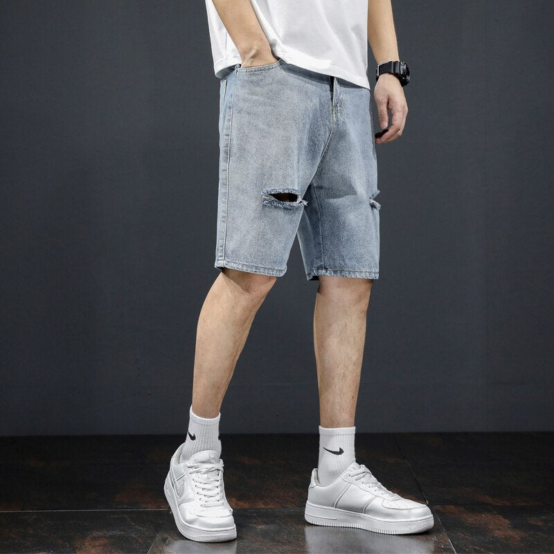 Fashionable Holed Men&#39;s Denim Shorts Street Hip-hop Knife Cut Straight Leg Five-piece Pants Versatile Light Color Pants