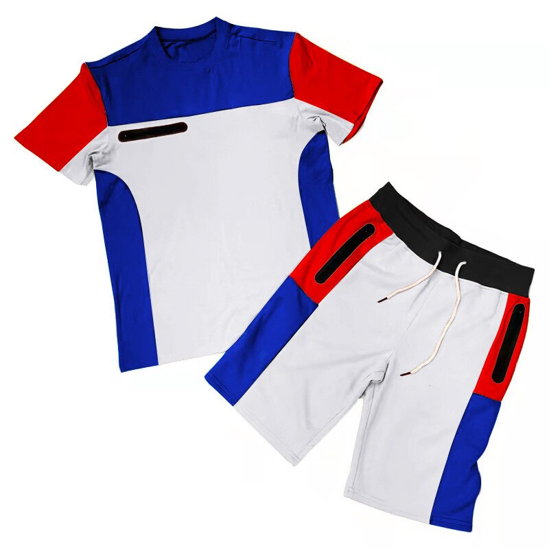 Patchwork Fabric Sportswear 2 Piece Short Set Summer Man Fashion Tracksuit Sweat Suits