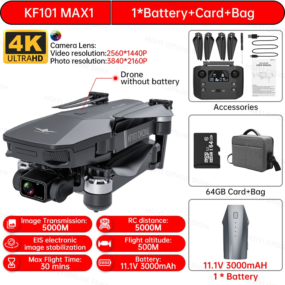 HGIYI KF101 Max Drone 4K Professional 5G WIFI Dron HD EIS Camera Anti-Shake 3-Axis Gimbal Brushless Motor RC Foldable Quadcopter