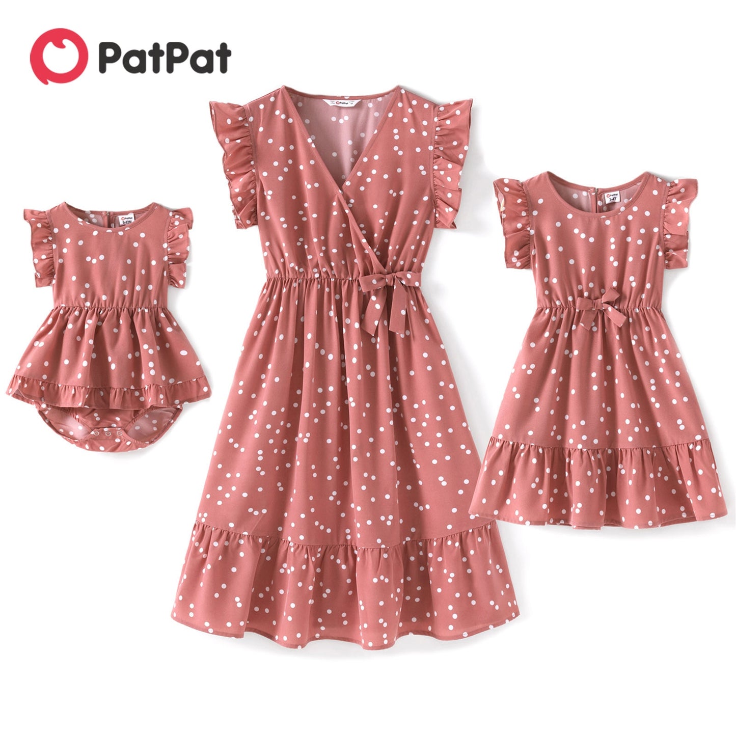 PatPat Mom and Me Dress Mother Daughter Pink Cross Wrap V Neck Ruffle Flutter-sleeve All Over Dots Dresses Family Matching