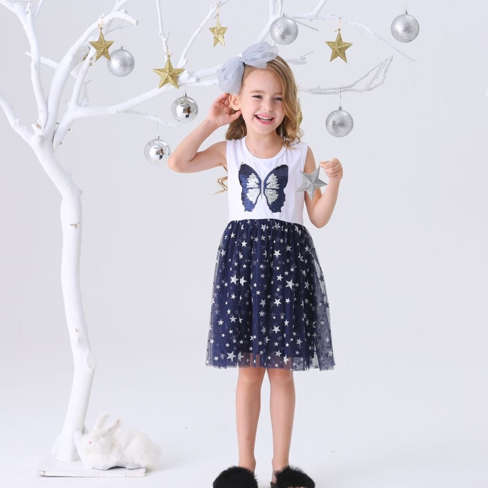 VIKITA Party Dresses for Girls Children Stars Sequins Shiny Vestidos Girl Elegant Prom Evening Princess Summer Ball Gowns