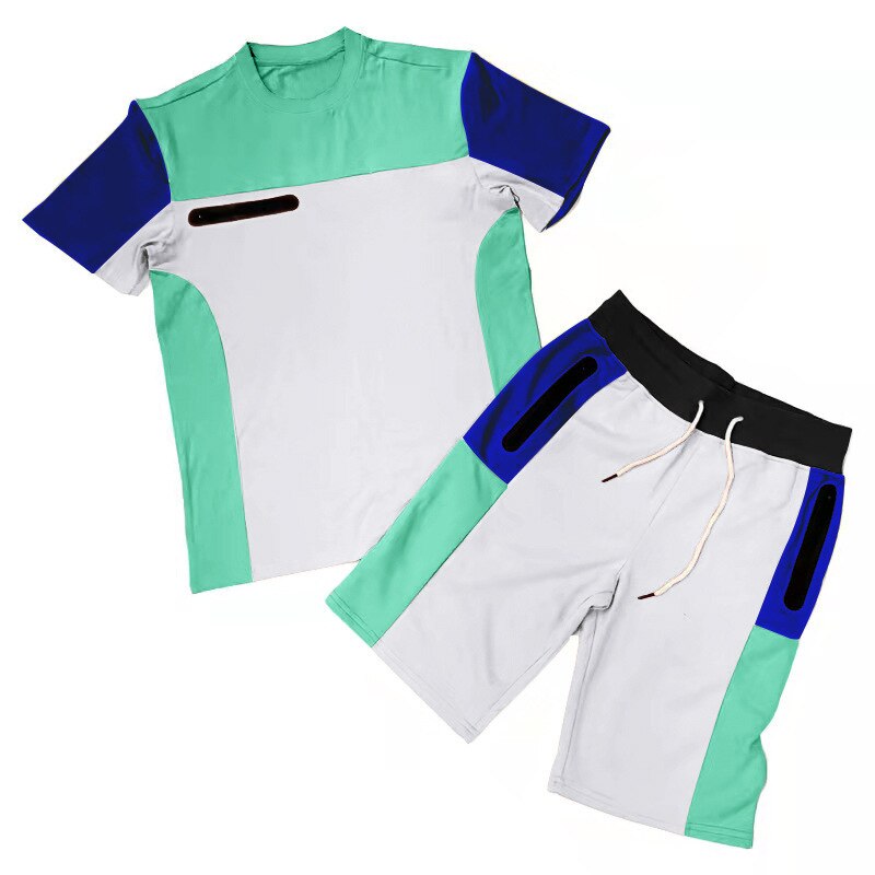 Patchwork Fabric Sportswear 2 Piece Short Set Summer Man Fashion Tracksuit Sweat Suits