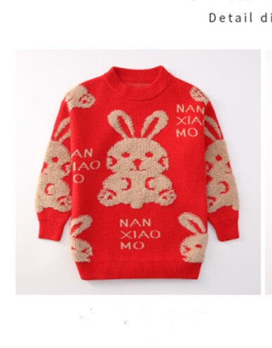 2023 Christmas New Year 110-170cm Family Matching Clothes Outfits Teenages Girls Knitted Rabbit Red Sweater For Mother Daughter