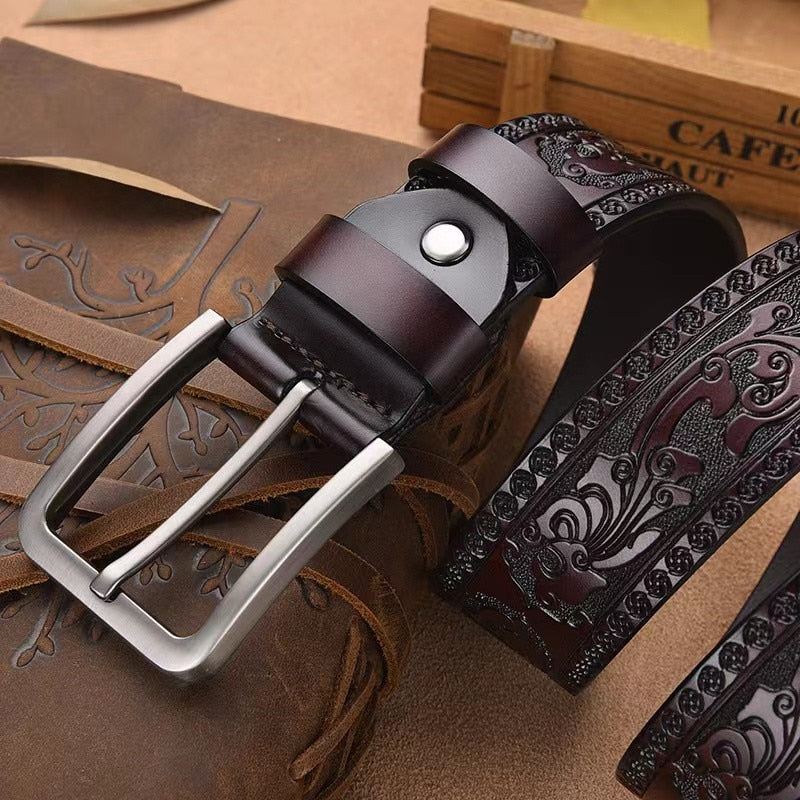 Retro Carved Craft Men&#39;s Belt Leather Cowhide Pin Buckle Fashion Denim Casual Pants Belt