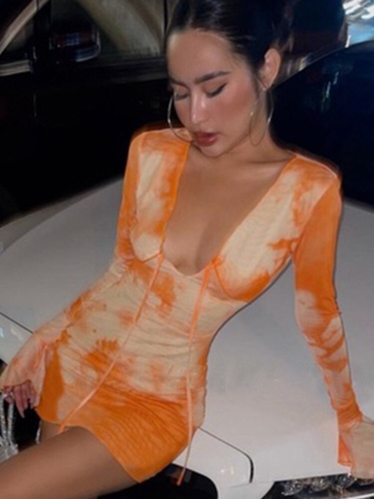 JULISSA MO Print V-neck Bandage Long Sleeve Mini Dress For Women Summer Sexy Beach Holiday Party Club Outfit Ladies Sundress