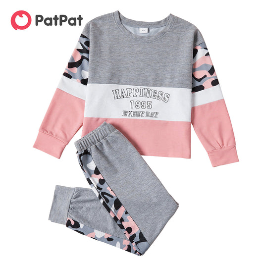 PatPat 2-piece Kid Girl Letter Camouflage Print Colorblock Long-sleeve Tee and Elasticized Pants Set