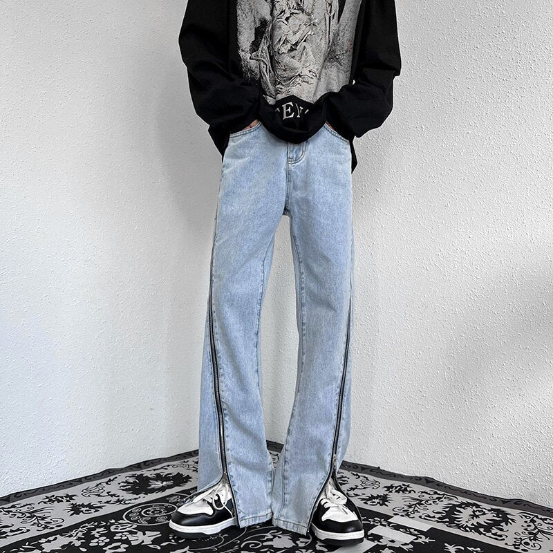 Fashion Zipper Trousers Blue Jeans Men 2022 Autumn New High Street Straight Denim Neutral Casual Jean Pants Male Vintage Gray