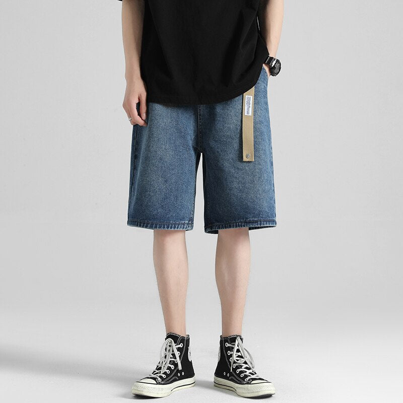 2023 Summer Men&#39;s Loose Denim Shorts Fashion Belt Street Boy Casual Baggy Five-point Pants All-match Casual Shorts