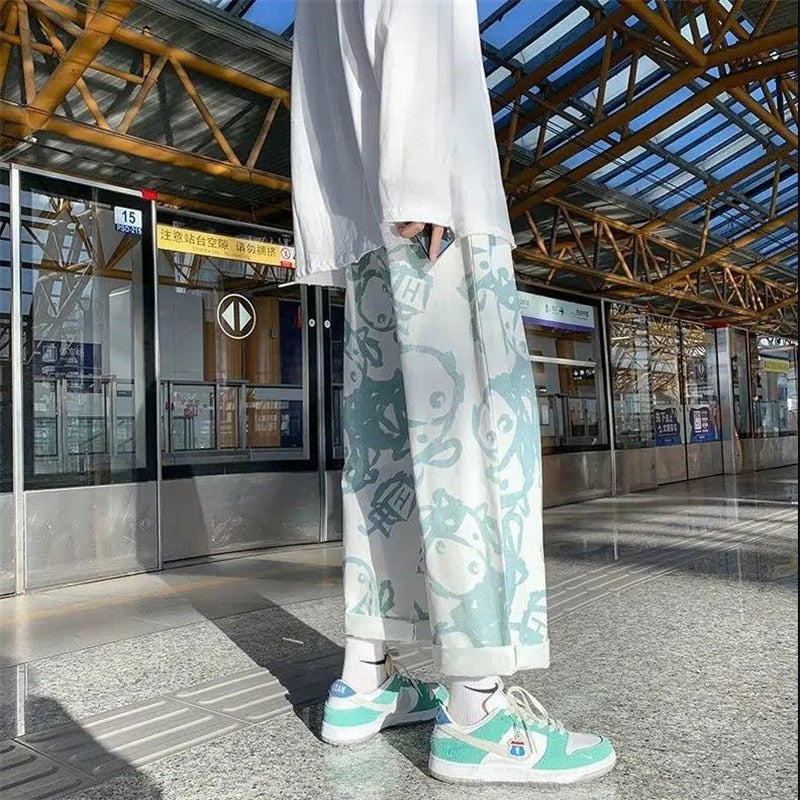 Casual Pants Women Spring Summer Loose Wide Leg Elastic High Waist Loose Straight Trouser Cartoon Print Pants Japanese Design