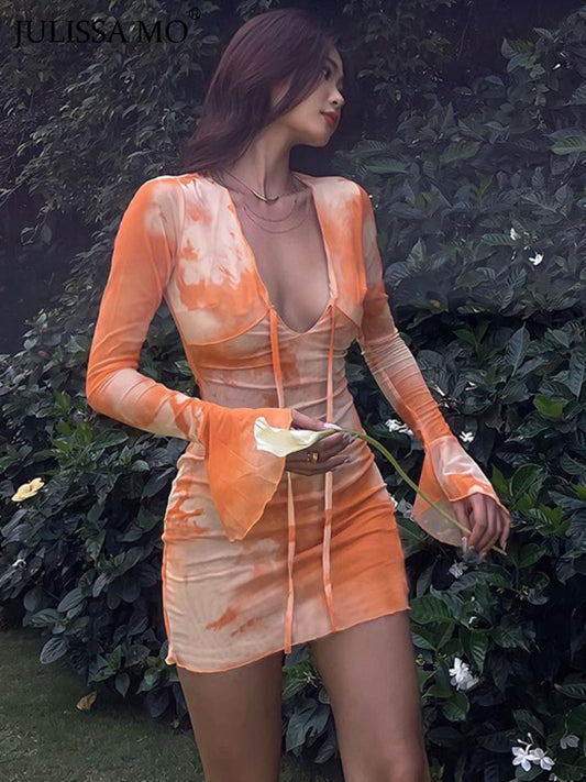 JULISSA MO Print V-neck Bandage Long Sleeve Mini Dress For Women Summer Sexy Beach Holiday Party Club Outfit Ladies Sundress
