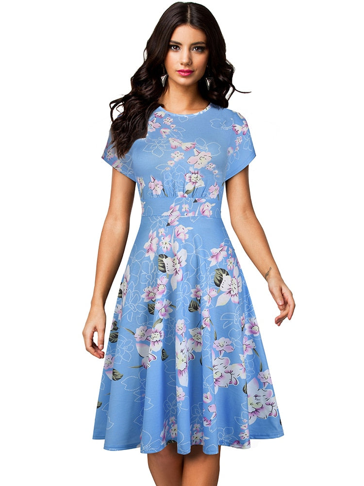 Nice-forever Vintage Elegant Floral Print Pleated Round neck vestidos A-Line Pinup Business Party Women Flare Swing Dress A102