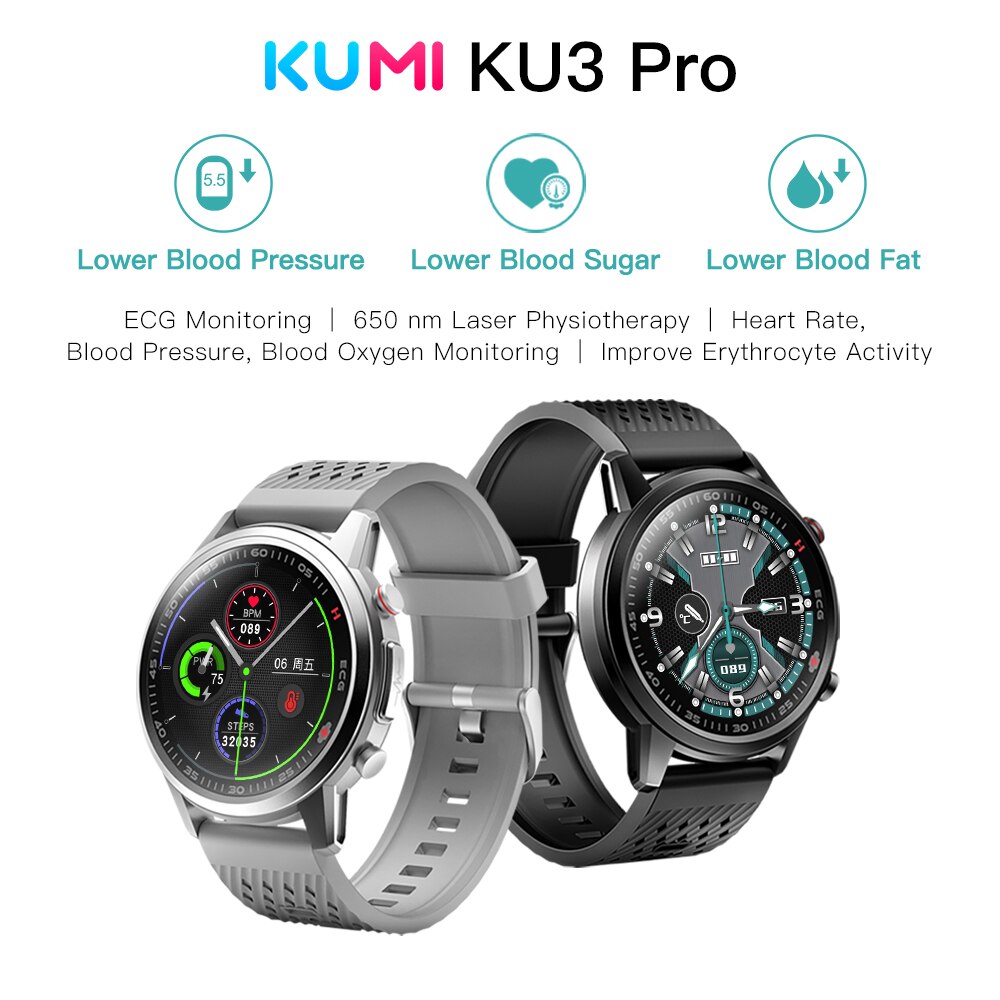 KUMI KU3 Pro Men  Smart Watch Laser Health ECG Monitor Heart Rate Blood Pressure Tracker Waterproof Smartwatch for IOS Andro