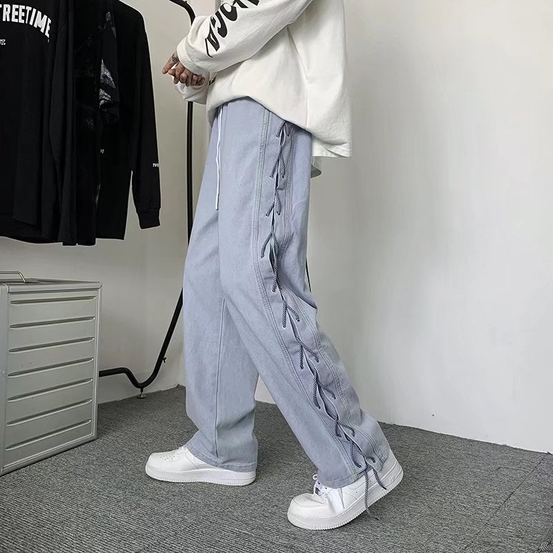 New Drawstring Knitted Jean Pants Men Straight Loose Hip Hop Pants Fashion Patckwork Casual Streetwear Jeans Male Trousers