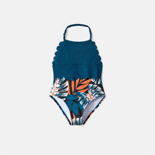 PatPat Family Matching Plant Print Scallop Edge Spliced One-piece Swimsuit and Swim Trunks
