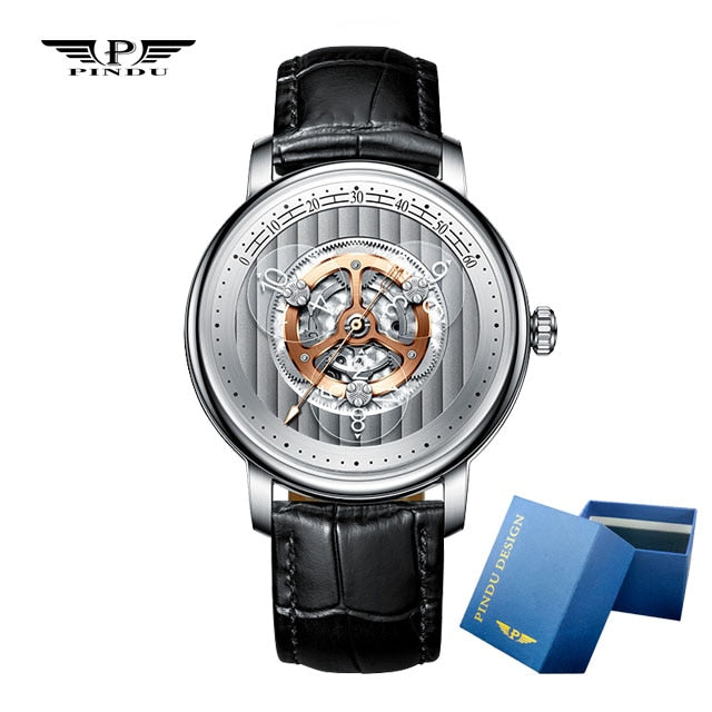 PINDU New 41MM Minute Scale Luxury Men&#39;s Watches Business Sunburst Watch For Men Automatic Mechanical Sapphire Windows P6513+Box