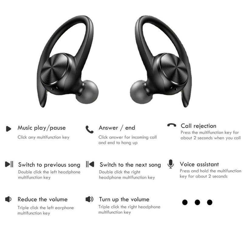 Sports TWS Bluetooth Earphone HiFi Stereo Music Wireless Headphone Ear Hook Earbuds with Microphone Waterproof Gaming Headset