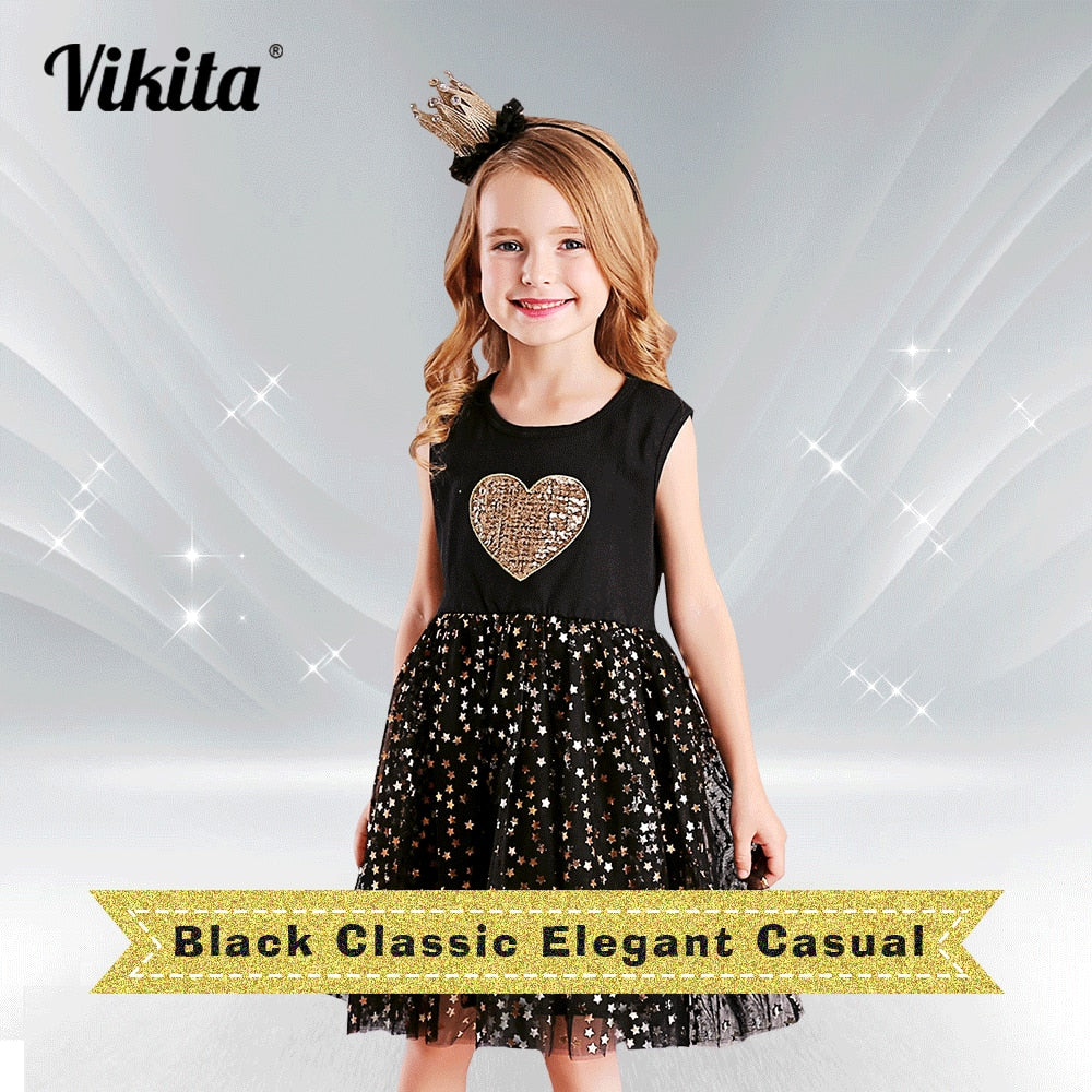 VIKITA Party Dresses for Girls Children Stars Sequins Shiny Vestidos Girl Elegant Prom Evening Princess Summer Ball Gowns