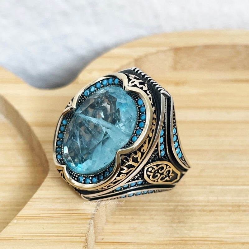 Vintage Metal Craftsman Engraved Signet Ring Inlaid Sea Blue Zircon Men&#39;s Business Punk Biker Ring