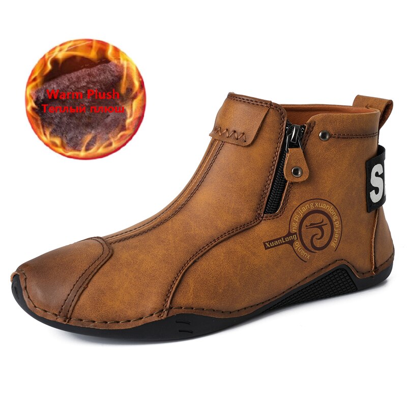 Brand Winter Plush Men&#39;s Boots Waterproof Leather Men Snow Boots Outdoor Zipper Ankle Boots Casual Men&#39;s Shoes Zapatos Hombre