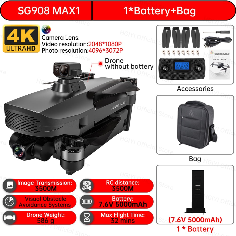 HGIYI SG908 Max Drone 4K Profesional 3-Axis Gimbal Obstacle Avoidance HD Camera Dron GPS RC Helicopter Quadcopter VS SG907 Max