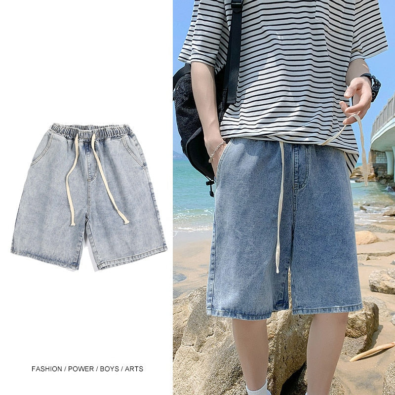 Men&#39;s Summer Denim Shorts Korean Elastic Waist Lace-up Straight Leg Pants Student Loose Casual Pants Cotton Pants