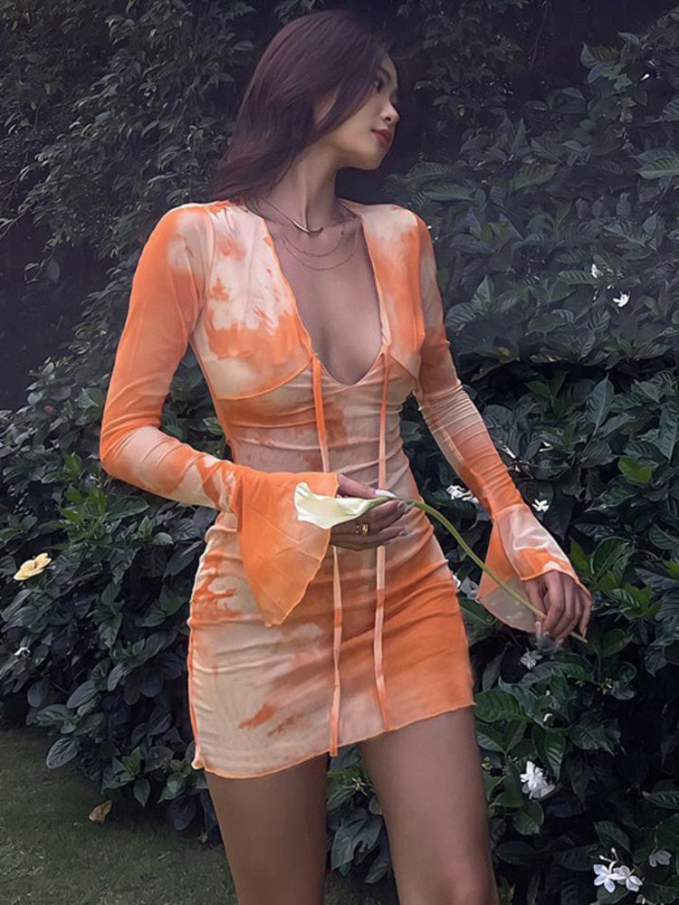 JULISSA MO Print V-neck Bandage Long Sleeve Mini Dress For Women Summer Sexy Beach Holiday Party Club Outfit Ladies Sundress