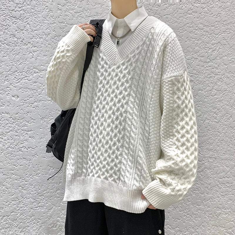 High Quality Autumn Winter Twist Knitted Sweater Men Clothing Simple V-neck Casual Daily Pullovers Loose Homme Streetwear