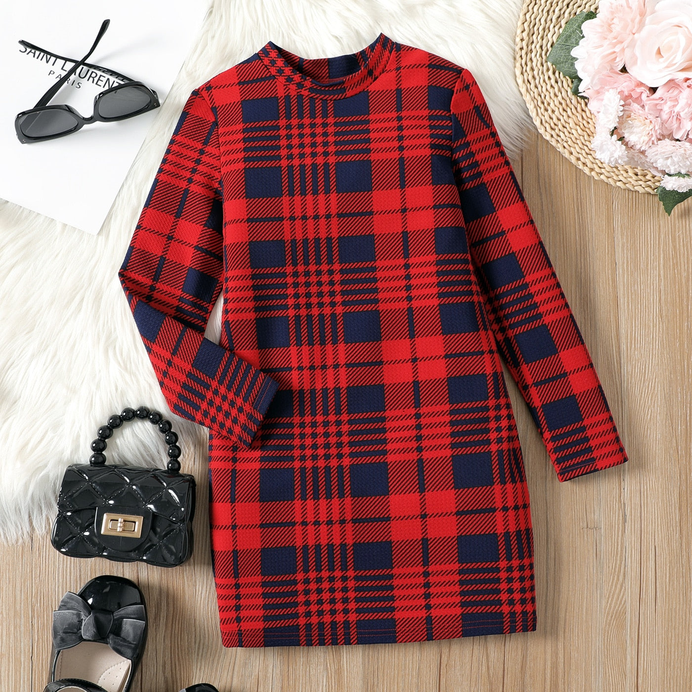 PatPat Christmas Dresses Kid Girl Christmas Plaid Stand Collar Long-sleeve Dress