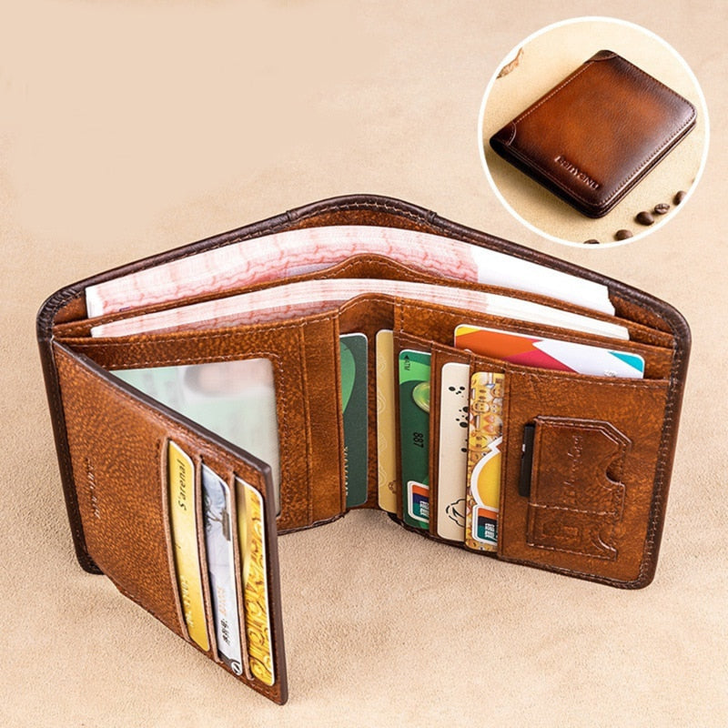 Men Wallet Genuine Leather Trifold Wallet Vintage Thin Short Multi Function ID Credit Card Holder Male Purse Money Small bag