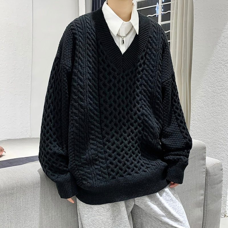 High Quality Autumn Winter Twist Knitted Sweater Men Clothing Simple V-neck Casual Daily Pullovers Loose Homme Streetwear