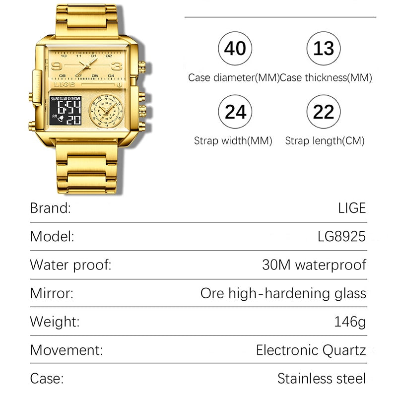 LIGE New Top Brand Luxury Fashion Men Watches Gold Steel Sport Square Digital Analog Big Quartz Watch for Man relogio masculino
