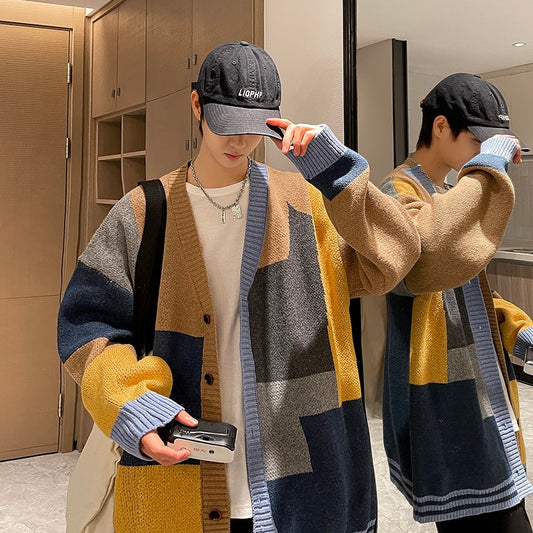 Plus Size 7XL 6XL 5XL Korean Style Men Patchwork Color Sweatercoat Couple Fashion Autumn Winter Sweaters Knitted Jackets 7XL-M