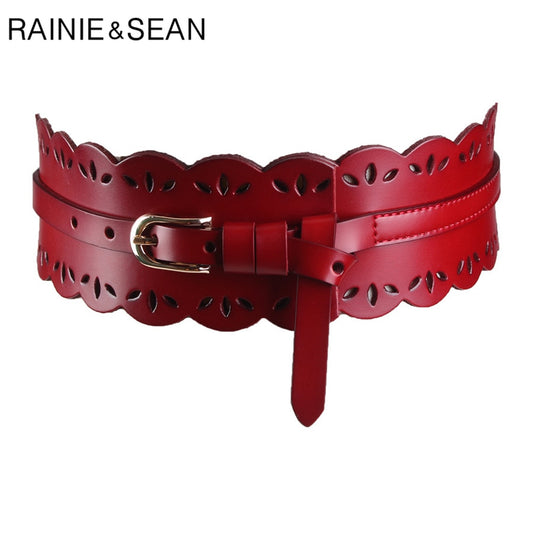 RAINIE SEAN Leather Cummerbund Women Elegant Wide Solid Wine Red Belt Cummerbunds Female Corset Ladies Broadband Waist Belts