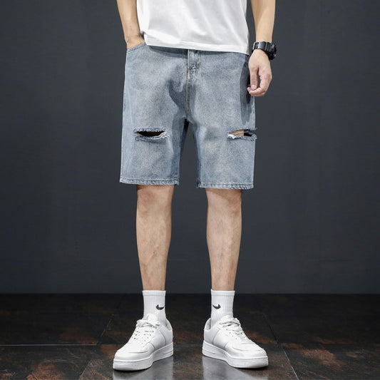 Fashionable Holed Men&#39;s Denim Shorts Street Hip-hop Knife Cut Straight Leg Five-piece Pants Versatile Light Color Pants