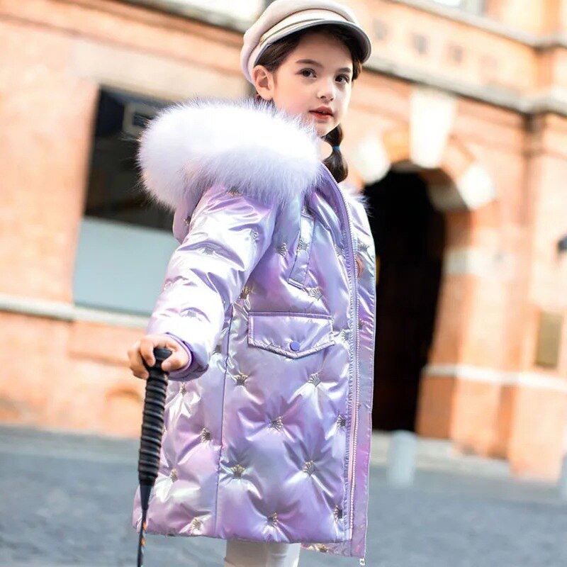 2022 Girls Down Parkas Winter Teen Girls Warm Outerwear Kids Thickened Coats Fashion Children Colorful Fur Collar Hood Jackets