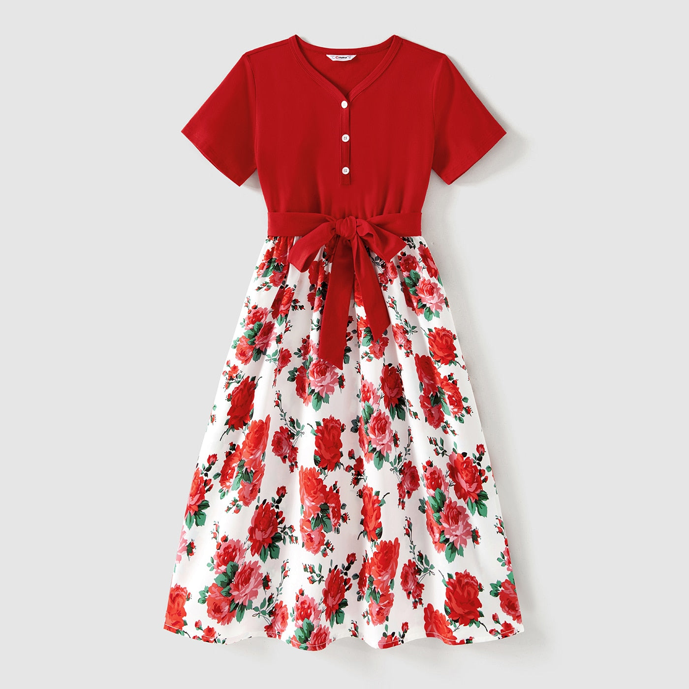 PatPat Family Matching Outfits 95% Cotton Short-sleeve Colorblock T-shirts and Floral Print Spliced Dresses Sets