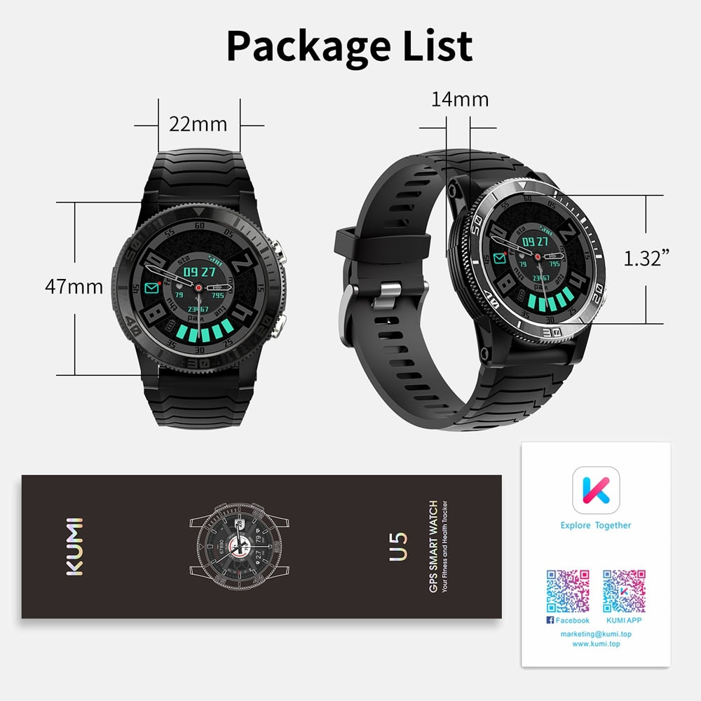 KUMI U5 GPS Smart Watch Watches Sport Fitness Heart Rate Blood Oxygen Monitor 5AM Waterproof Man Men Smartwatch for IOS Android