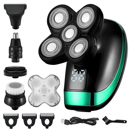 5 In 1 4D Men&#39;s Rechargeable Bald Head Electric Shaver 5 Floating Heads Beard Nose Ear Hair Trimmer Razor Clipper Facial Brush