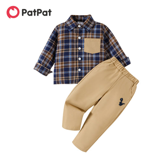 PatPat 2pcs Toddler Boy Classic Plaid Lapel Collar Shirt and Dinosaur Embroidered Pants Set
