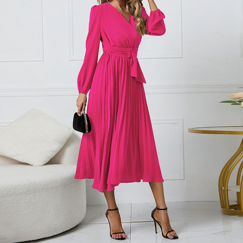 Office Lady V-Neck Solid Color Pleated Midi Dresses Fashion Commute Simplicity Lantern Sleeve A-Line Belt Dress Women&#39;s Clothing
