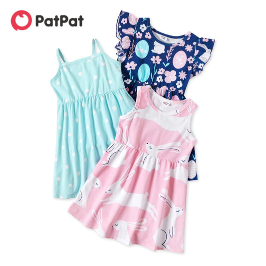 PatPat Spring and Autumn 3-pack Dresses Toddler Girl Dots and Solid Short and Long-sleeve Dress Set Cute Children&#39;s Clothing