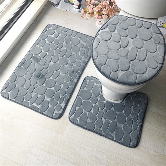 Set of 3 Bathroom Bath Mat Set Soft Non Slip 2PCS Cobblestone Mat Bathroom Rug Absorbent Shower Carpets Toilet Lid Cover Floor